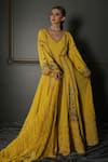Buy_Aditi Gupta_Yellow Anarkali Georgette Dupatta Textured Pure Silk Backless With Crushed _at_Aza_Fashions