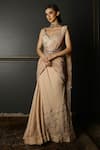 Aditi Gupta_Beige Textured Georgette Embroidered Pre-draped Saree With Blouse  _Online_at_Aza_Fashions