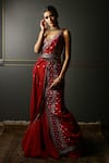Buy_Aditi Gupta_Red Saree Textured Georgette Blouse Silk Gota, Pre-draped With Embroidered _at_Aza_Fashions