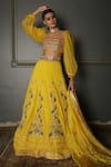 Buy_Aditi Gupta_Yellow Lehenga Pleated Georgette Blouse Silk Sleeves Organza Dupatta Set _at_Aza_Fashions