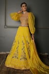 Buy_Aditi Gupta_Yellow Lehenga Pleated Georgette Blouse Silk Sleeves Organza Dupatta Set _Online_at_Aza_Fashions