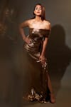 Buy_Shivani Awasty_Gold Lame Bandeau Pleated Metallic Gown  _at_Aza_Fashions