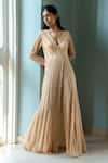 Buy_Shivani Awasty_Beige Net Embroidered Bead V Neck Pleated Gown  _at_Aza_Fashions