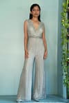 Buy_Shivani Awasty_Silver Net Embroidered Bead V Neck Collar Sheer Back Jumpsuit  _at_Aza_Fashions