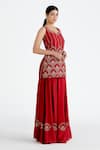 Megha Bansal_Red Silk Organza Embroidery V Neck Chanderi Kurta Lehenga Set _Online_at_Aza_Fashions