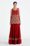 Buy_Megha Bansal_Red Silk Organza Embroidery V Neck Chanderi Kurta Lehenga Set _Online_at_Aza_Fashions