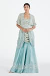 Buy_Megha Bansal_Blue Organza, Chanderi Floral, Thread Iyla Hans Cape And Sharara Set _at_Aza_Fashions