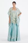 Megha Bansal_Blue Organza, Chanderi Floral, Thread Iyla Hans Cape And Sharara Set _Online_at_Aza_Fashions