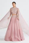 Buy_Megha Bansal_Pink Organza, Chanderi Floral, Ira Hand Embroidered Bridal Lehenga Set _at_Aza_Fashions