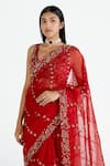 Shop_Megha Bansal_Red Silk Chanderi Embroidered Floral V Neck Surkh Zeenat Saree With Blouse _Online_at_Aza_Fashions