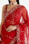 Megha Bansal_Red Silk Chanderi Embroidered Floral V Neck Surkh Zeenat Saree With Blouse _at_Aza_Fashions