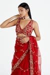 Shop_Megha Bansal_Red Silk Organza Embroidery V Neck Saree With Blouse _Online_at_Aza_Fashions