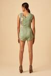 Shop_Siddhant Agrawal_Green Faux Suede, Poly Rayon Scoop Neck Colorblock Bodysuit _at_Aza_Fashions