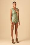 Siddhant Agrawal_Green Faux Suede, Poly Rayon Scoop Neck Colorblock Bodysuit _Online_at_Aza_Fashions