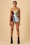 Buy_Siddhant Agrawal_Blue Crepe, Faux Suede, Georgette, Rayon V Colorblock Bodysuit _at_Aza_Fashions