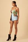 Buy_Siddhant Agrawal_Blue Crepe, Faux Suede, Georgette, Rayon V Colorblock Bodysuit _Online_at_Aza_Fashions