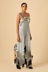 Siddhant Agrawal_Blue Crepe, Faux Suede, Georgette Asymmetric Applique Jumpsuit _Online_at_Aza_Fashions