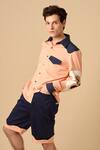 Shop_Siddhant Agrawal_Blue Cotton, Poly Crepe Colorblock Shorts _at_Aza_Fashions