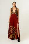 Buy_Siddhant Agrawal_Red Velvet Satin And Pu Leather Lining Rayon Embellished Gown _at_Aza_Fashions