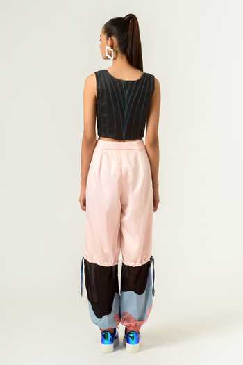 Shop_Siddhant Agrawal_Black Pu Leather Lining Poly Rayon V Neck Embroidered Crop Top _at_Aza_Fashions
