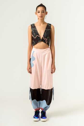 Shop_Siddhant Agrawal_Black Pu Leather Lining Poly Rayon V Neck Embroidered Crop Top _Online_at_Aza_Fashions