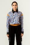 Buy Siddhant Agrawal Blue Velvet Satin And Banana Crepe Spread Collar Unisex Printed Shirt at Aza Fashions Buy_Siddhant Agrawal_Blue Velvet Satin And Banana Crepe Spread Collar Unisex Printed Shirt _at_Aza_Fashions