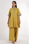 Buy_Madder Much_Yellow Cotton Plain Mandarin Collar Sabah Kurta And Pant Set _Online_at_Aza_Fashions