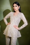 Safaa_White Moonga Silk Woven Floral Motifs U Neck Maahru Jacket Tunic And Pant Set _at_Aza_Fashions