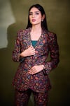 Safaa_Green Moonga Silk Woven Floral Motifs Lapel Collar Qareenay Blazer And Pant Set _at_Aza_Fashions