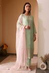Surabhi Arya_Green Organza, Georgette Gota Patti, Thread Floral Embroidered Kurta Palazzo Set _Online_at_Aza_Fashions