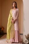 Buy_Surabhi Arya_Pink Tissue Hand Embroidered Thread Work Round Gota Kurta Sharara Set _Online_at_Aza_Fashions