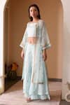 Buy_Surabhi Arya_Blue Organza, Satin Linen Gota Patti, Thread Work Embroidered Jacket Sharara Set _Online_at_Aza_Fashions