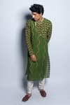 PUNIT BALANA_Green Linen Print Bandhani Angarkha Kurta Set _at_Aza_Fashions