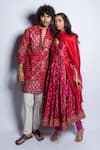 PUNIT BALANA_Red Chanderi Silk And Embroidery Floral V Surkh Laal Angarkha Set 