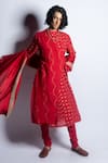 Shop_PUNIT BALANA_Red Linen Print Bandhani Angarkha Kurta Set With Dushala _Online_at_Aza_Fashions