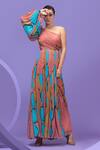 Nautanky_Multi Color Chiffon Printed Abstract One Shoulder Artistic Crinkled Gown _Online_at_Aza_Fashions