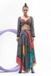 Nautanky_Grey Natural Crepe Printed Flower V Neck Puffed Sleeve Crop Top And Skirt Set _Online_at_Aza_Fashions