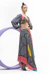Shop_Nautanky_Grey Natural Crepe Printed Flower V Neck Puffed Sleeve Crop Top And Skirt Set _Online_at_Aza_Fashions