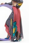 Nautanky_Grey Natural Crepe Printed Flower V Neck Puffed Sleeve Crop Top And Skirt Set _at_Aza_Fashions
