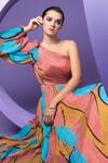 Nautanky_Multi Color Chiffon Printed Abstract One Shoulder Artistic Crinkled Gown _at_Aza_Fashions