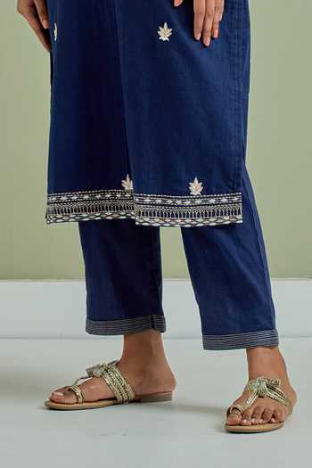 Priya Chaudhary_Blue Cotton Embroidery Round Neck Kurta And Pant Set _Online_at_Aza_Fashions