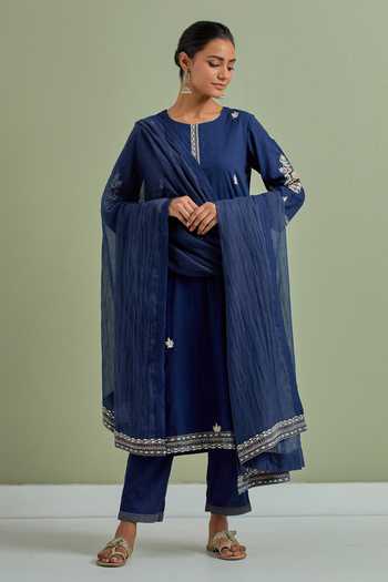 Buy_Priya Chaudhary_Blue Cotton, Kota Doria Embroidery Round Neck Kurta Set With Dupatta _Online_at_Aza_Fashions