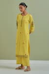 Shop_Priya Chaudhary_Yellow Cotton Embroidery Round Neck Kurta And Pant Set _Online_at_Aza_Fashions