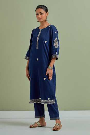 Shop_Priya Chaudhary_Blue Cotton, Kota Doria Embroidery Round Neck Kurta Set With Dupatta _Online_at_Aza_Fashions