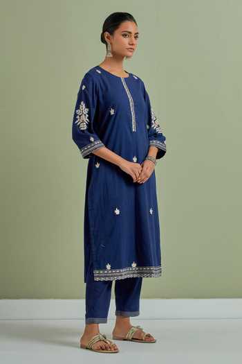 Priya Chaudhary_Blue Cotton, Kota Doria Embroidery Round Neck Kurta Set With Dupatta _at_Aza_Fashions
