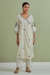 Priya Chaudhary_Off White Cotton, Kota Doria Embroidery V-neck Flora Angrakha Pant Set _at_Aza_Fashions