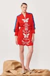 Buy_Shahin Mannan_Red Gabardine Butterfly V Neck Rainbow Jacket Dress_at_Aza_Fashions
