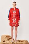 Shahin Mannan_Red Gabardine Butterfly V Neck Rainbow Jacket Dress_Online_at_Aza_Fashions