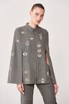 Buy_Shahin Mannan_Grey Thin Washed Denim Embroidered Evil Eye Shirt Collar Cape  _at_Aza_Fashions