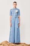 Buy Shahin Mannan Blue Denim Typography Shirt Collar Embroidered Jumpsuit With Belt at Aza Fashions Buy_Shahin Mannan_Blue Denim Typography Shirt Collar Embroidered Jumpsuit With Belt _at_Aza_Fashions